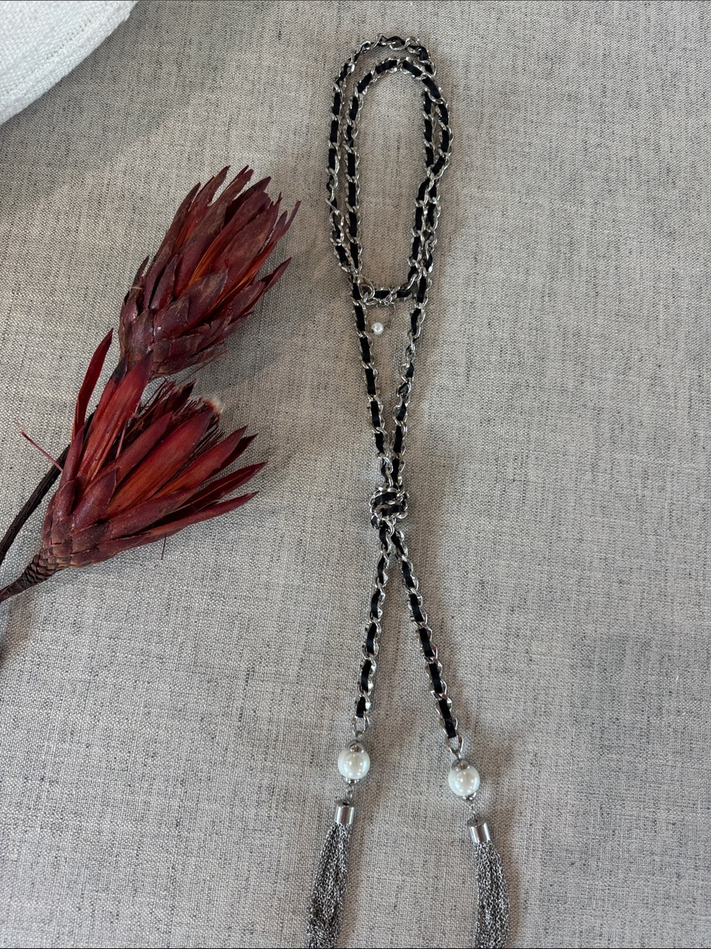 Layered Black and Silver Chain Necklace with Pearl Tassels